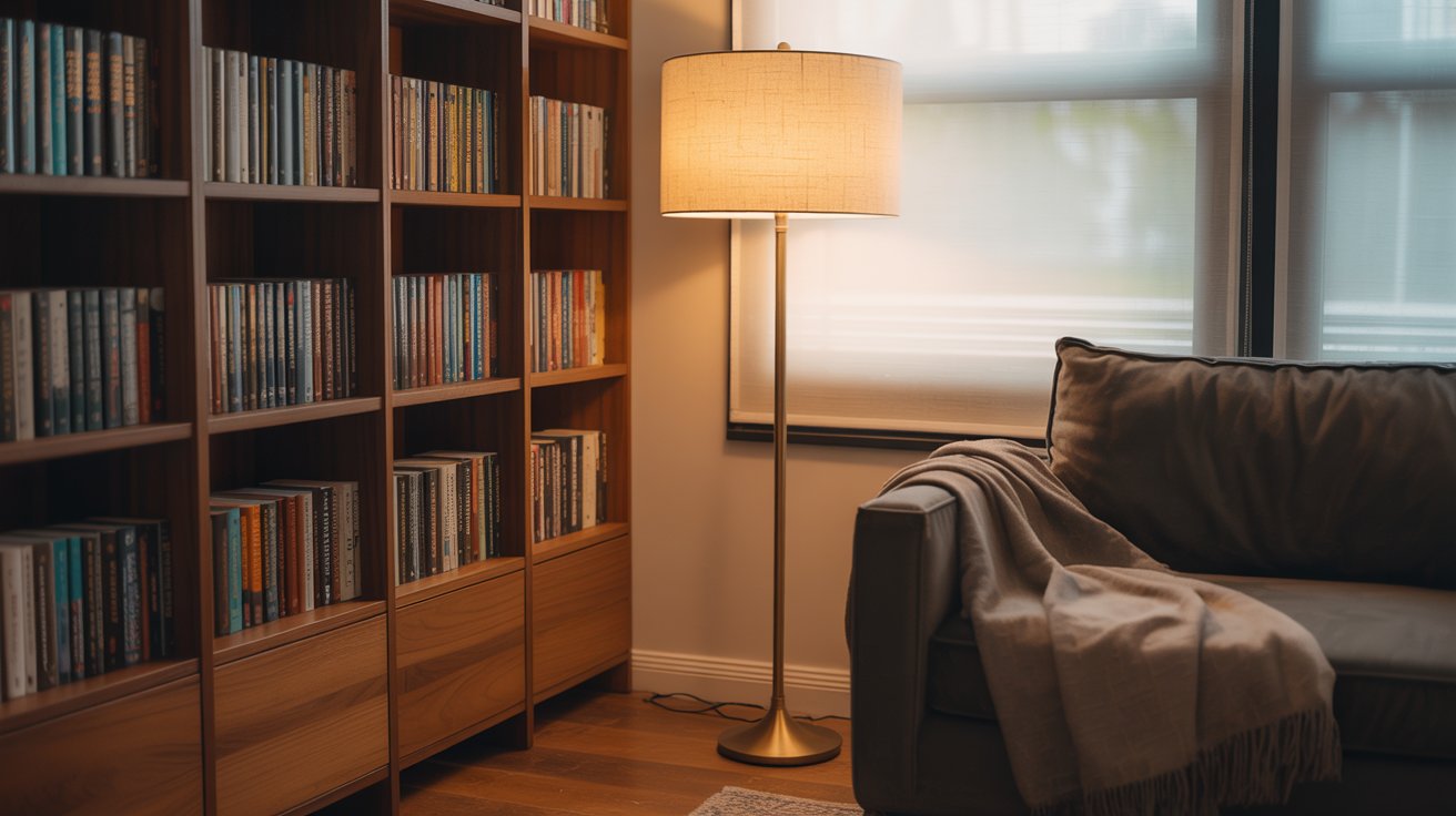 Floor lamp beside corner bookshelf creating cozy reading nook with warm inviting lighting