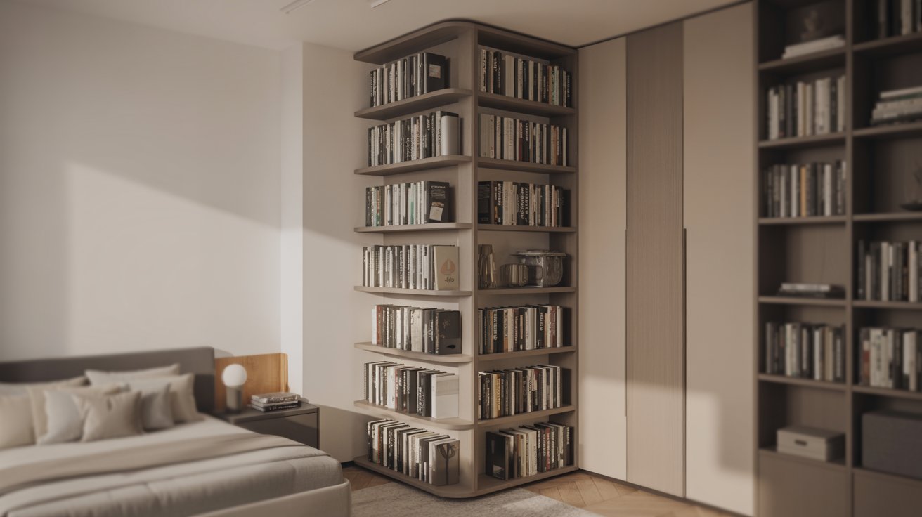 "Compact rotating bookshelf tower with 360-degree design storing books efficiently in a small bedroom or home office."