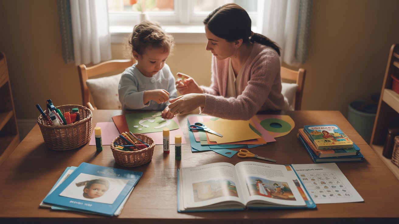 Parent and child doing structured homeschool crafts and lessons in calm home learning space.