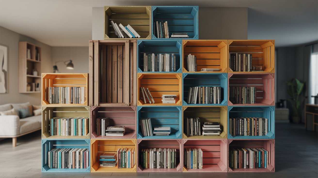 "Stackable crate-style shelves filled with books in a flexible and budget-friendly small home library setup."
