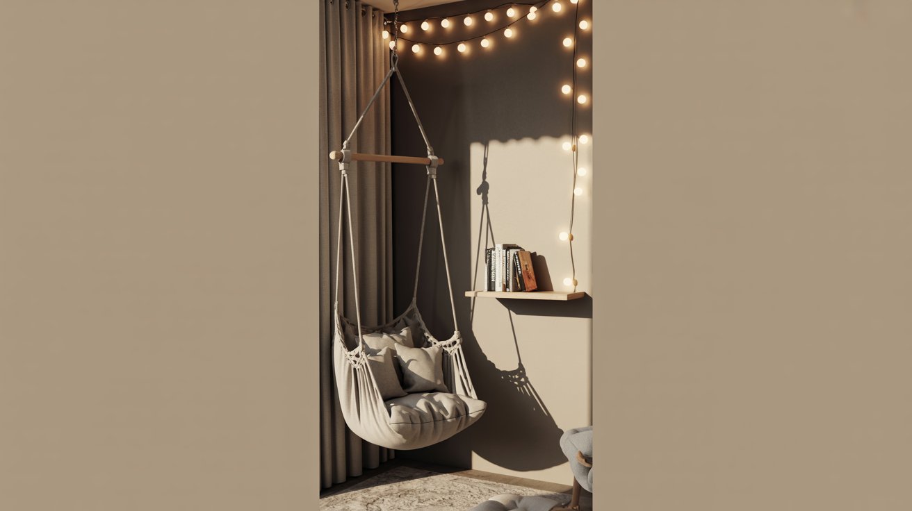 "Corner hammock reading space with hanging chair, bookshelf, and warm string lights creating a cozy retreat."