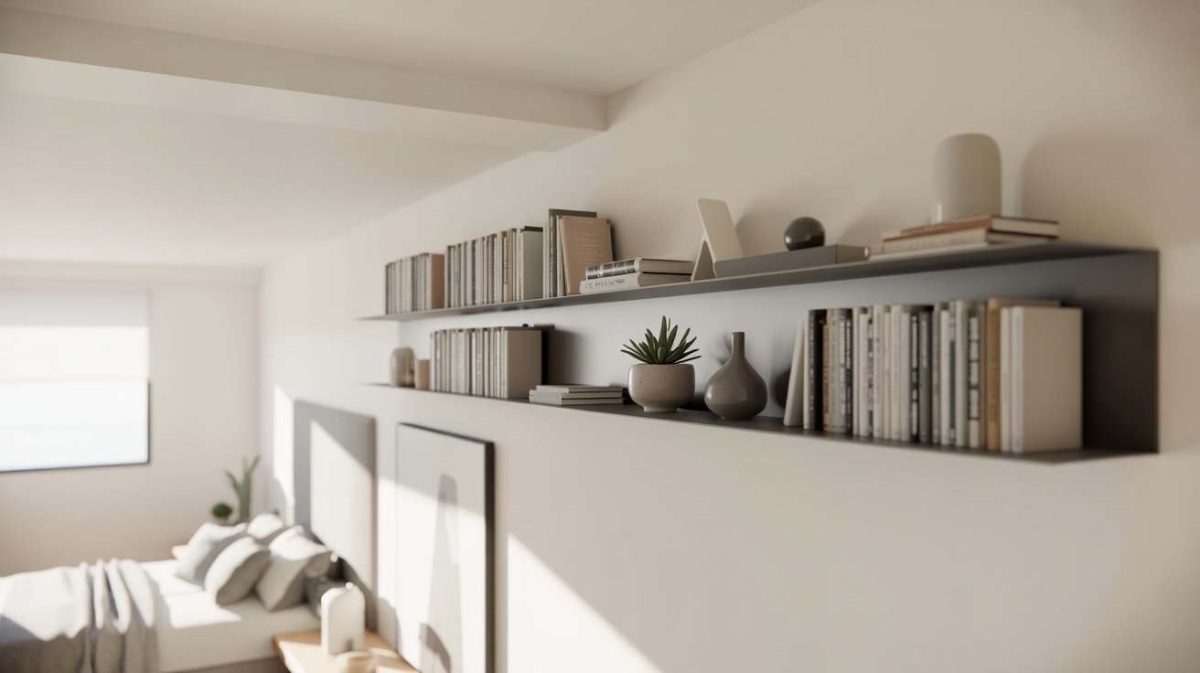 Floating wall mounted shelves with books decor creating clean airy modern organized interior space
