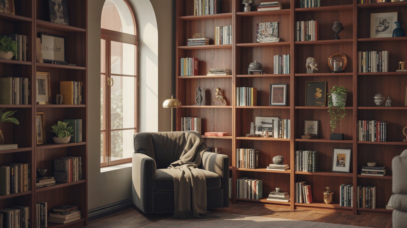 "Cozy modern home library with curated bookshelves, reading chair, warm lighting, and thoughtfully designed interior space."