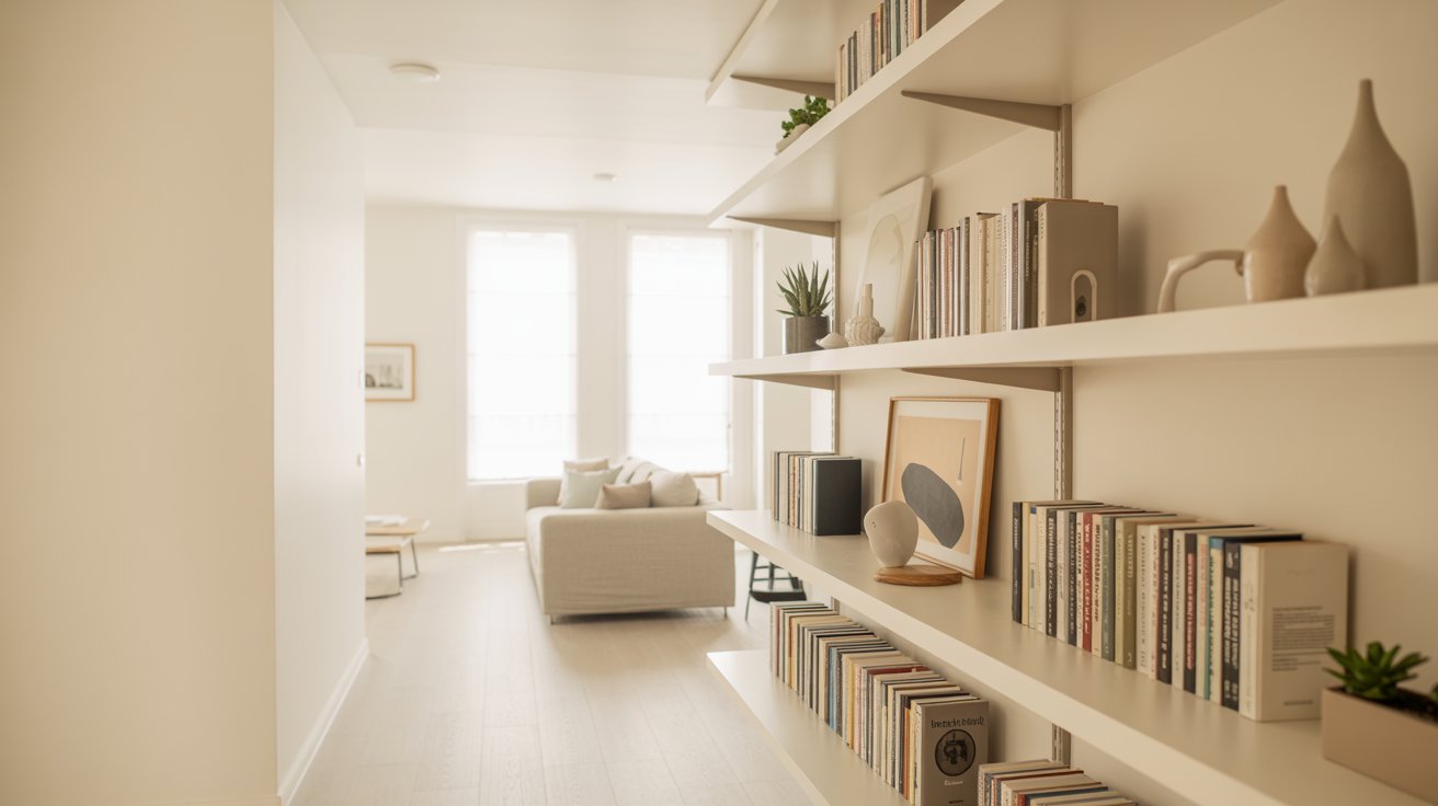 Bright small living room with white bookshelves, minimal decor, airy open space and soft lighting