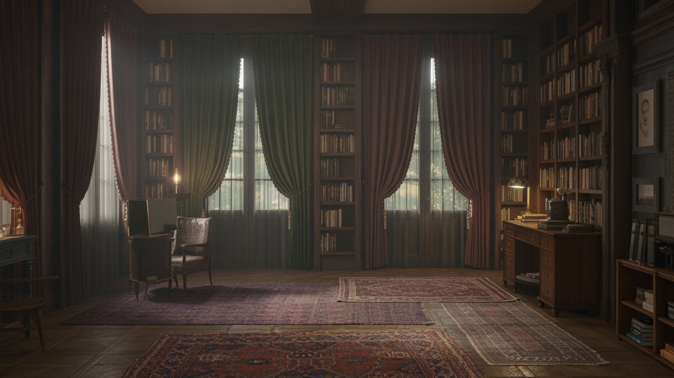 "Dark academia library with layered rugs, heavy curtains, and warm cozy lighting"