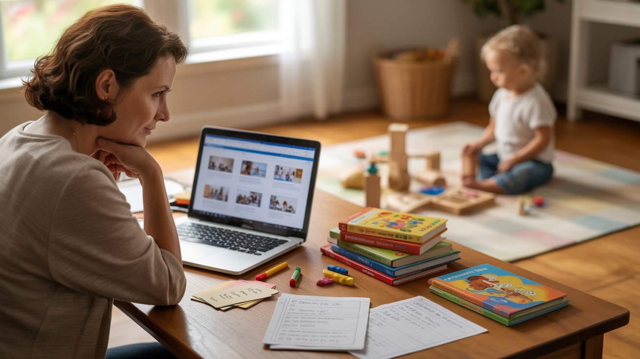 Parent reflecting on homeschool curriculum choices while child engages in simple play-based learning at home.
