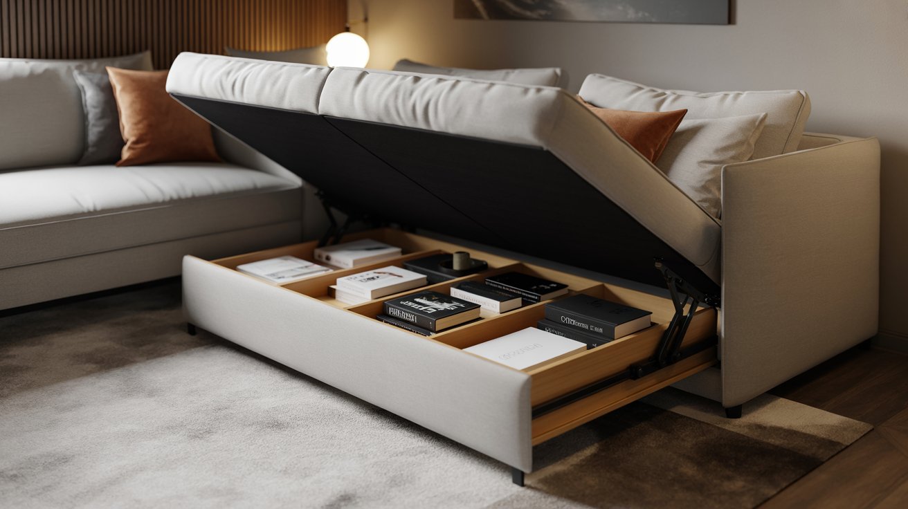 "Convertible sofa with built-in storage drawers filled with books in a modern small living room setup."