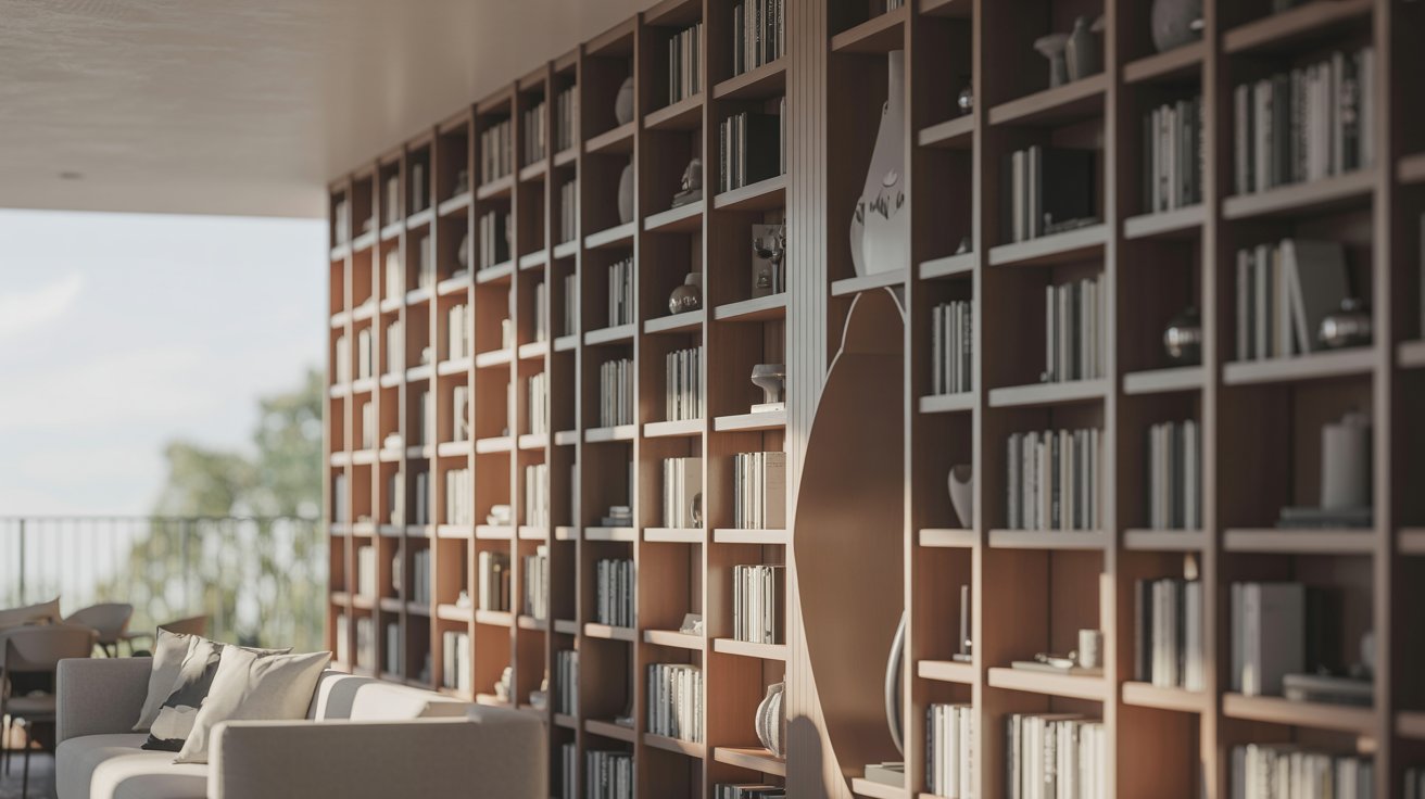 "Asymmetrical modern floor-to-ceiling built-in bookshelves with artistic shelving design in a contemporary living room."