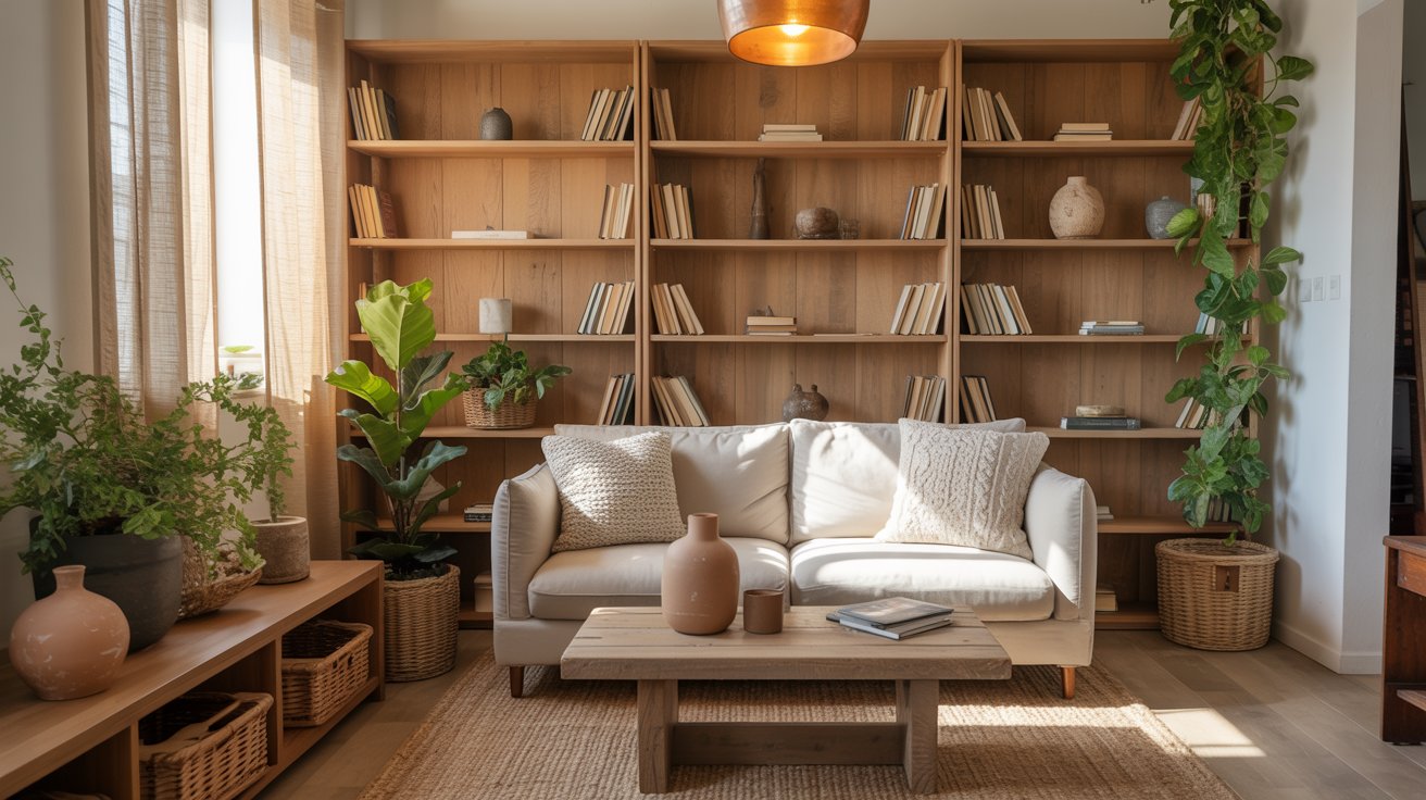 Small living room with natural wood bookshelves, warm tones, cozy decor, inviting interior design