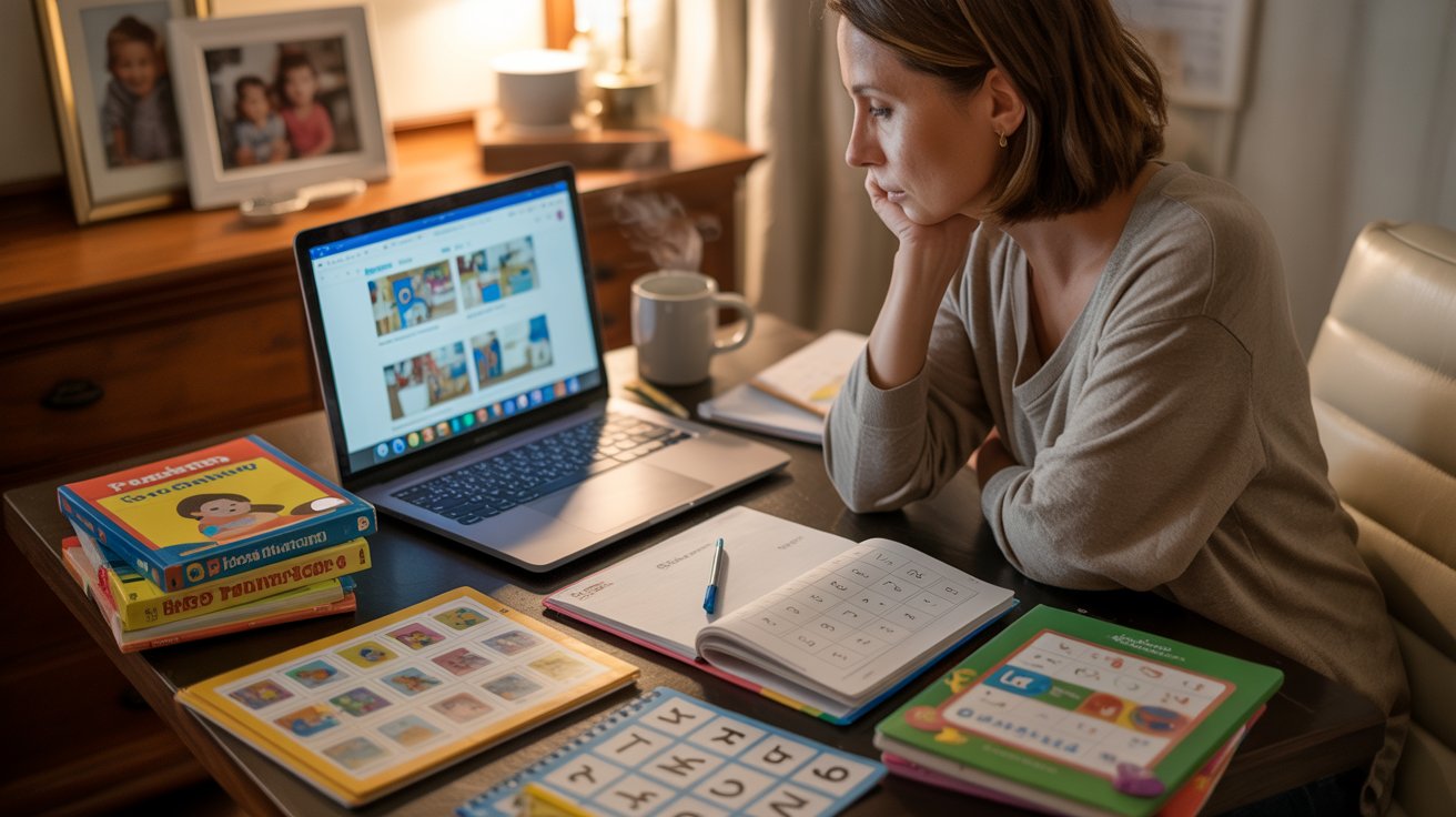 Parent researching kindergarten homeschool curriculum options on laptop with books and learning materials on desk.