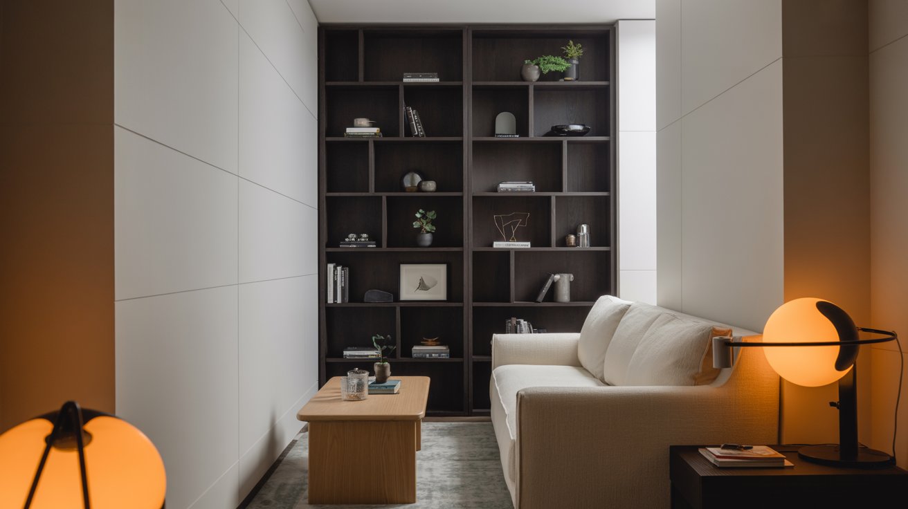 Small living room with dark bookshelf, bold contrast, modern decor, cozy stylish interior space