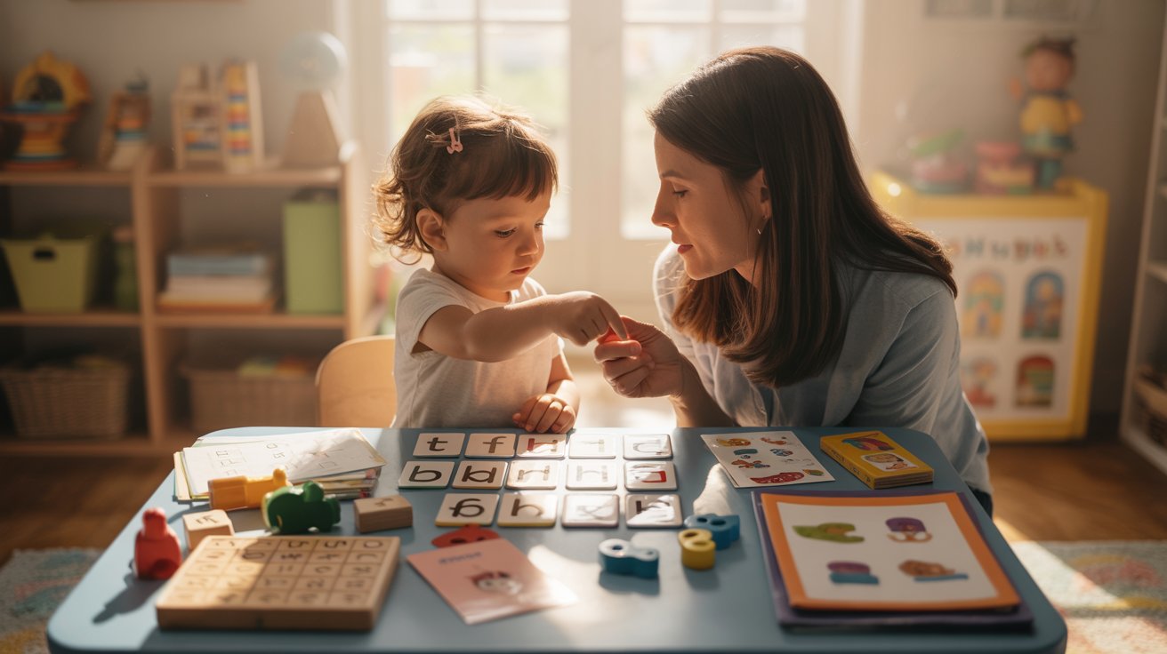 Parent teaching child phonics with alphabet flashcards in a structured home learning setup.