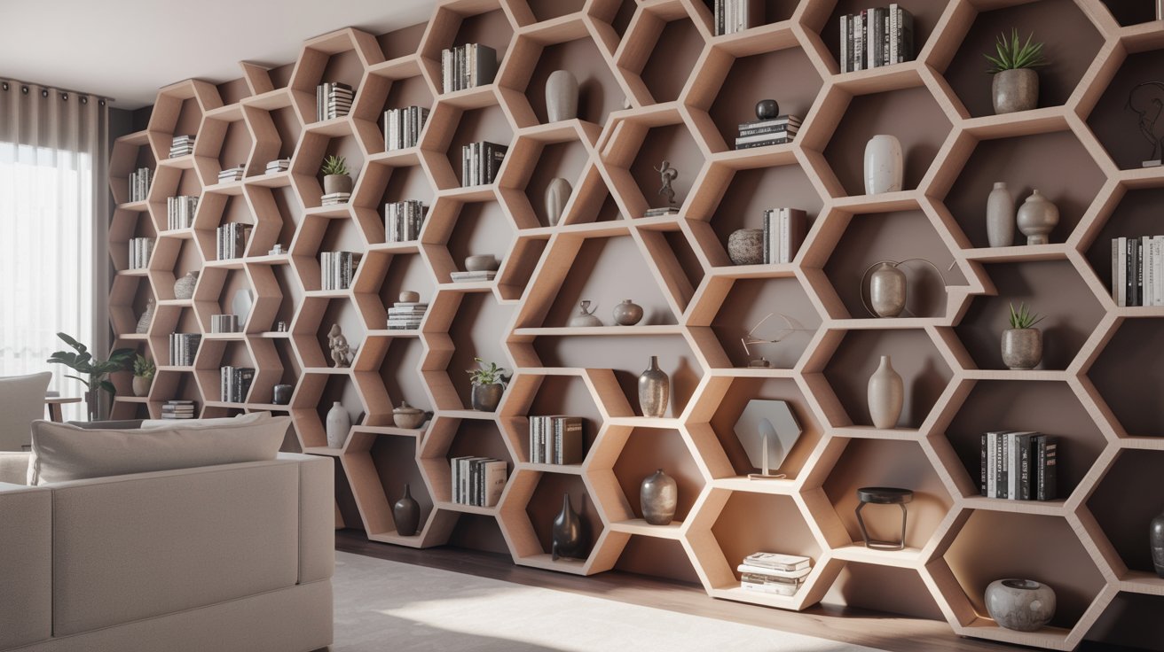 "Geometric patterned floor-to-ceiling built-in bookshelves with hexagon cubbies in a modern artistic living room."
