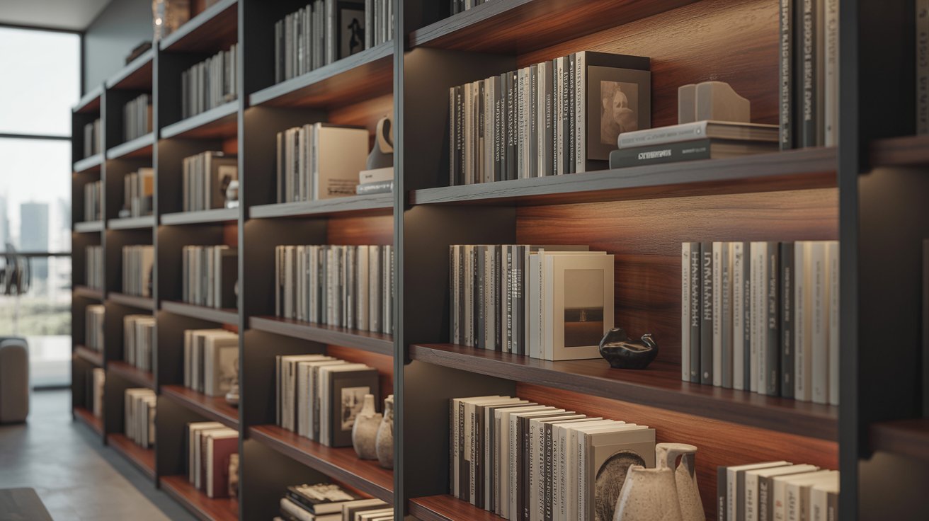 Deep bookshelf with large art books fully supported and neatly arranged in modern interior