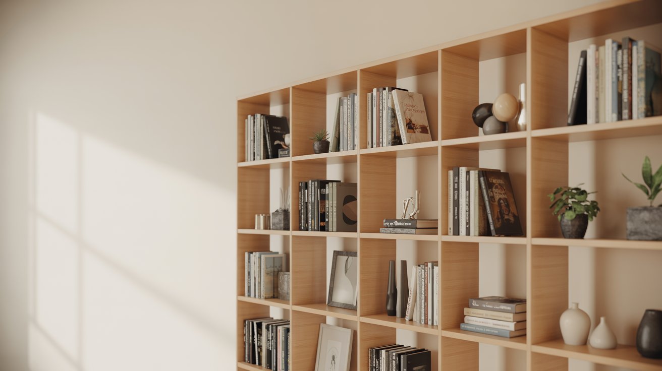 Birch bookshelf with smooth finish in modern affordable home interior with clean look