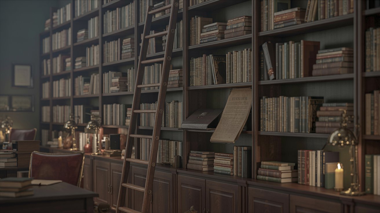 "Dark academia library with tall wooden bookshelves, rolling ladder, and filled shelves of books"