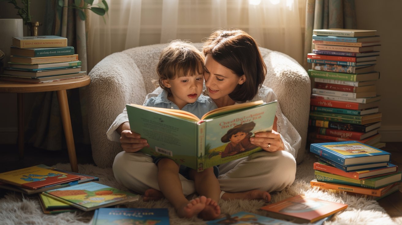Parent reading aloud to child surrounded by storybooks in cozy reading-focused homeschool setup.