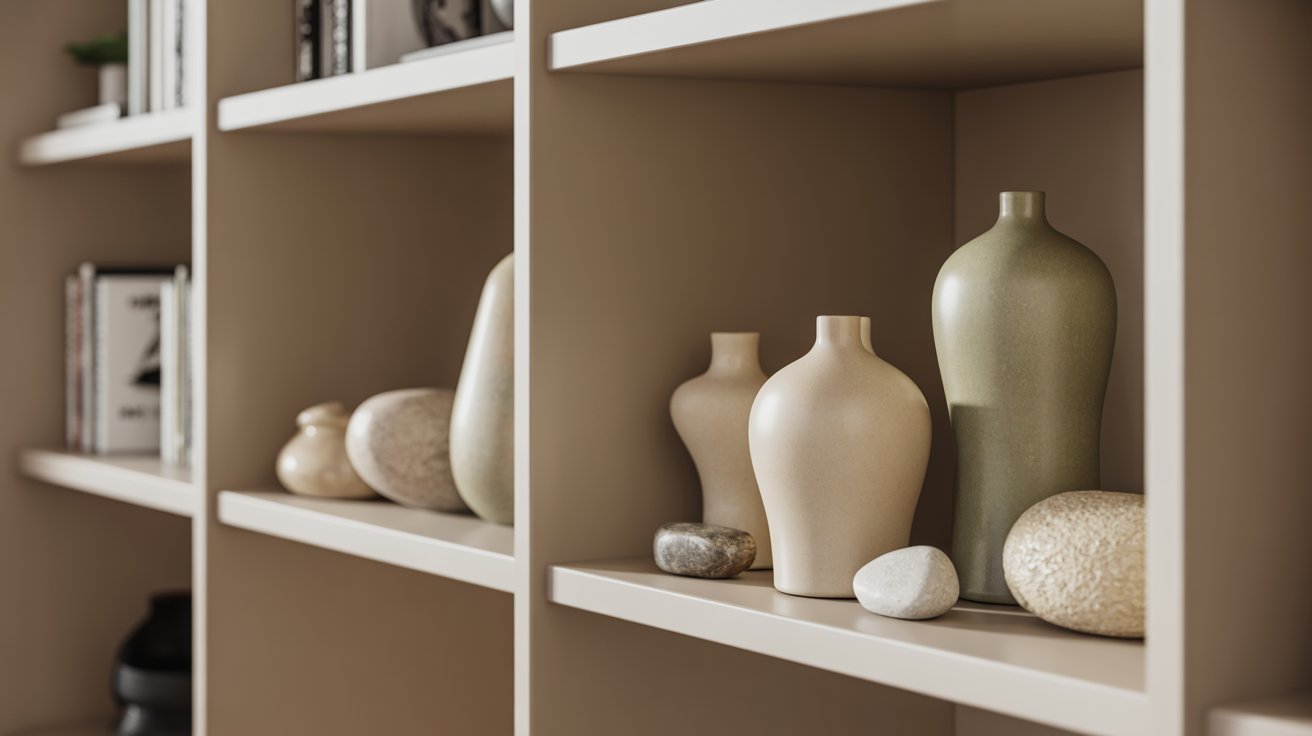 Grouped decorative objects like ceramic vases and stones arranged cohesively on modern minimalist bookshelf.