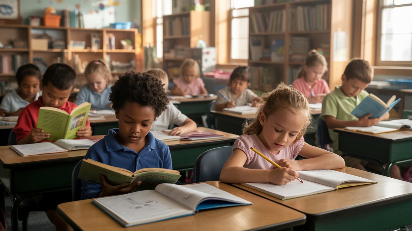 Students doing independent reading followed by writing response tasks in the classroom.