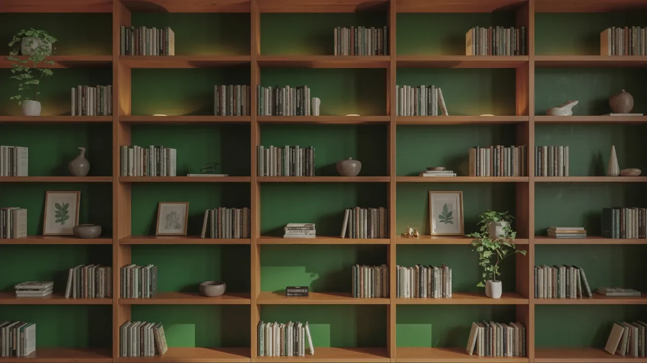 Built-in wooden bookshelves in a dark green home library with warm lighting and books.