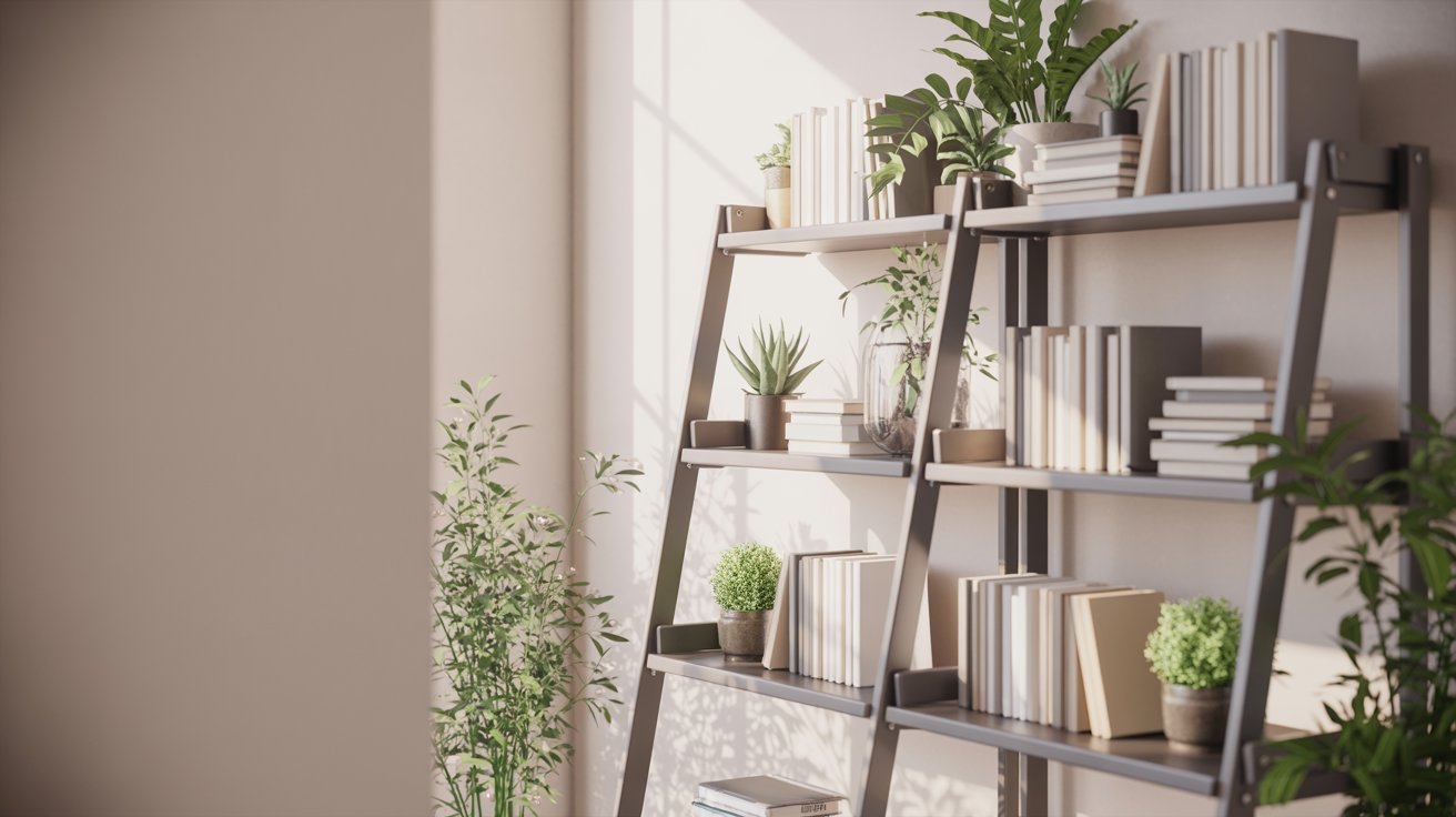 "Ladder shelf styled with books and small potted plants, creating a fresh and cozy small home library setup."