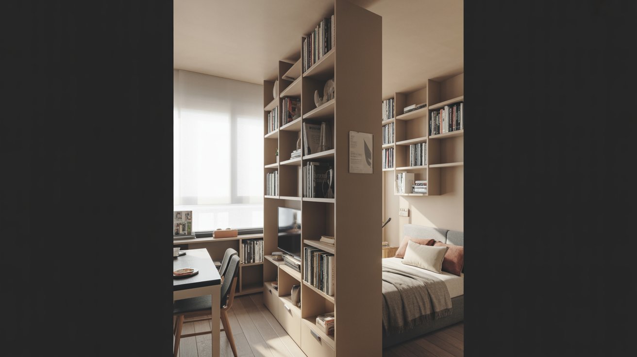 "Open bookshelf room divider in a studio apartment separating living and sleeping areas while storing books."