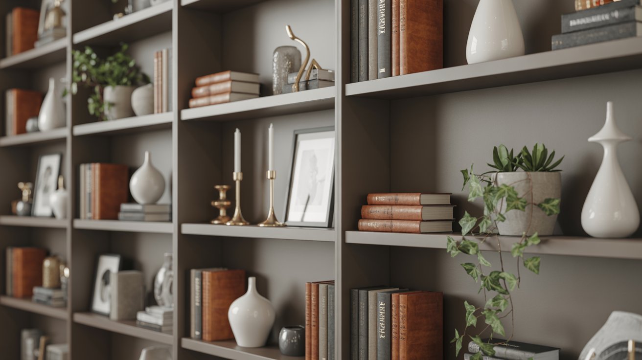 Designer bookshelf with grouped layered decor balanced weight blocks and repeated elements creating cohesive look.