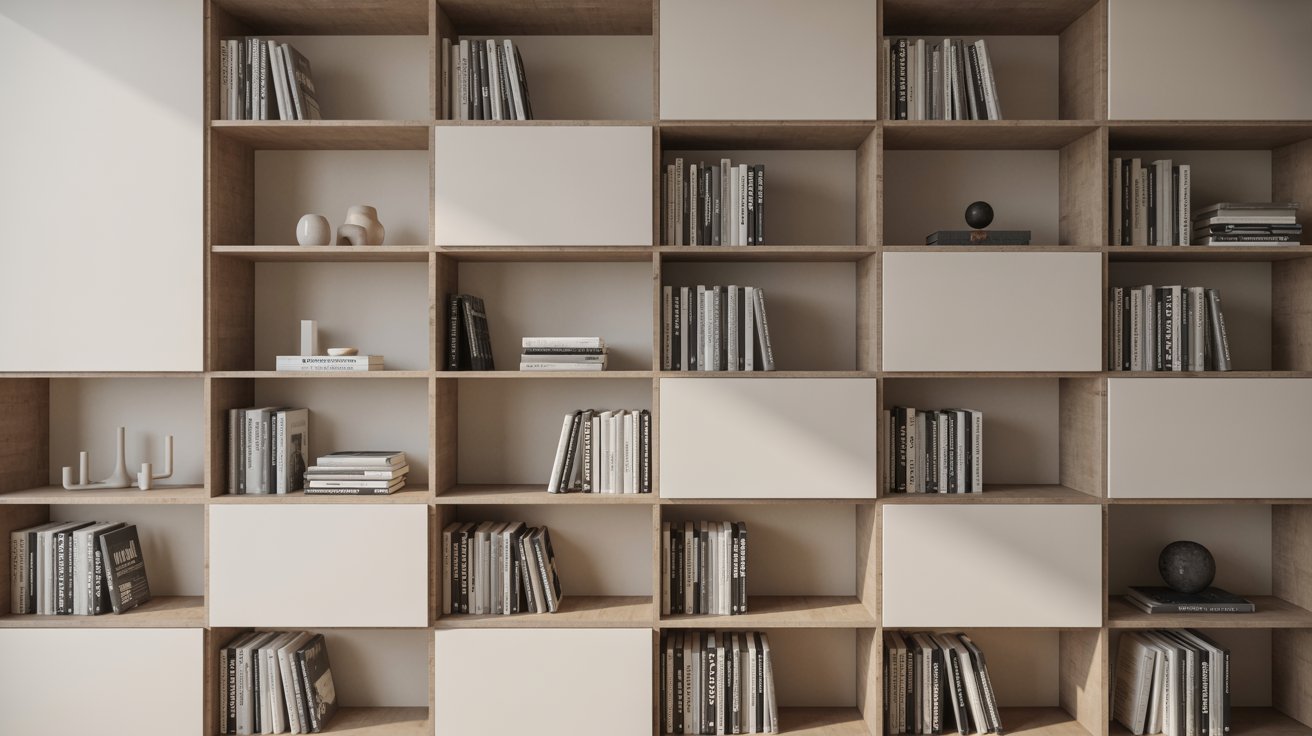 "Modular stackable shelves with books arranged in varying heights, creating a flexible and modern small home library display."