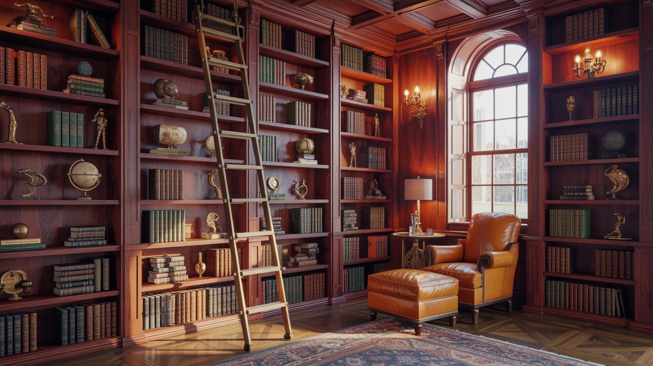 "Elegant floor-to-ceiling built-in bookshelves with rolling ladder access in a luxurious home library interior."
