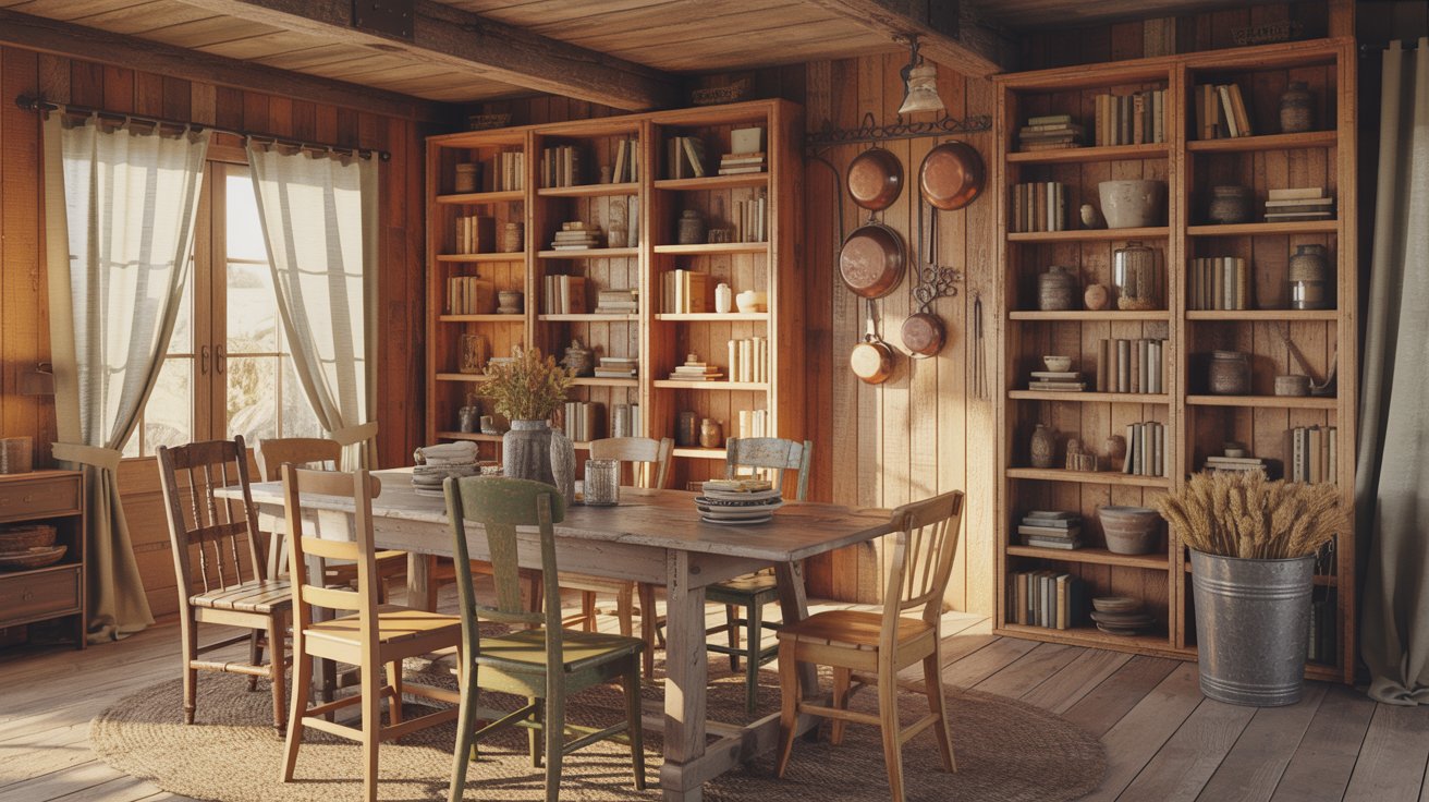 Rustic dining room with wooden shelves, farmhouse table, warm tones, and cozy natural atmosphere