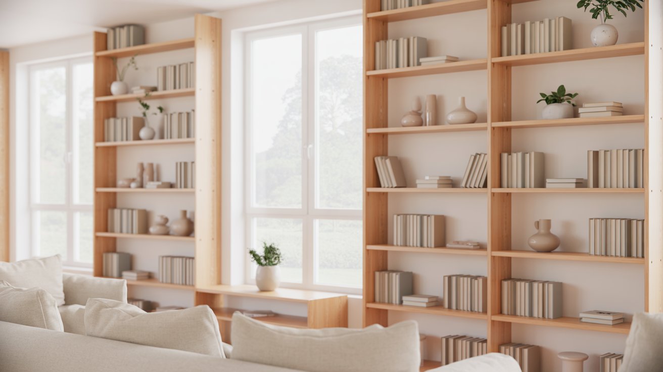 "Scandinavian living room with light wood floor-to-ceiling built-in bookshelves and bright minimalist Nordic design."