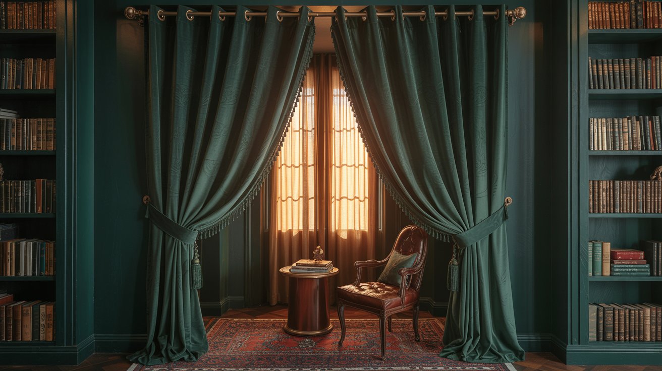 Dark green velvet curtains in home library creating a rich and cozy reading atmosphere.