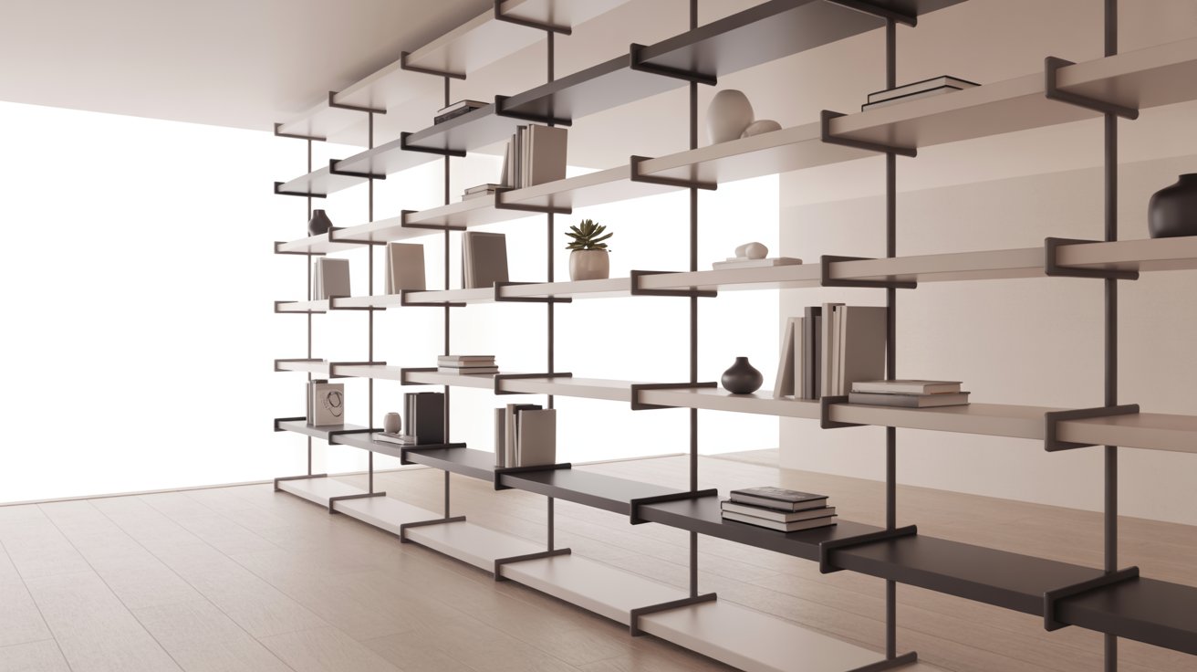 Minimal modern bookshelf with clean lines neutral colors styled books in bright uncluttered apartment space