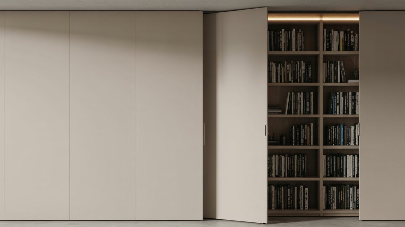 "Hidden bookshelf behind a sliding door revealing a full wall of books in a modern, minimalist home interior."