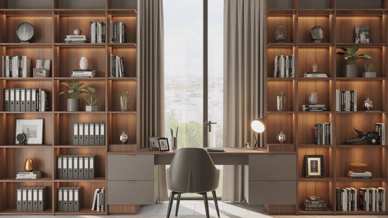"Integrated home office with floor-to-ceiling built-in bookshelves and modern organized workspace design."