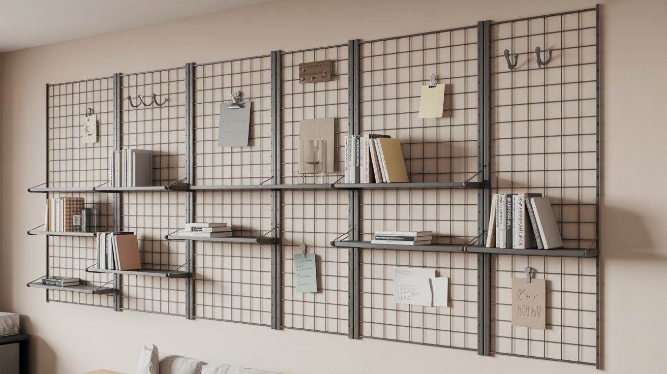 "Vertical wall grid shelves with adjustable storage for books and decor, creating a flexible and modern small library setup."