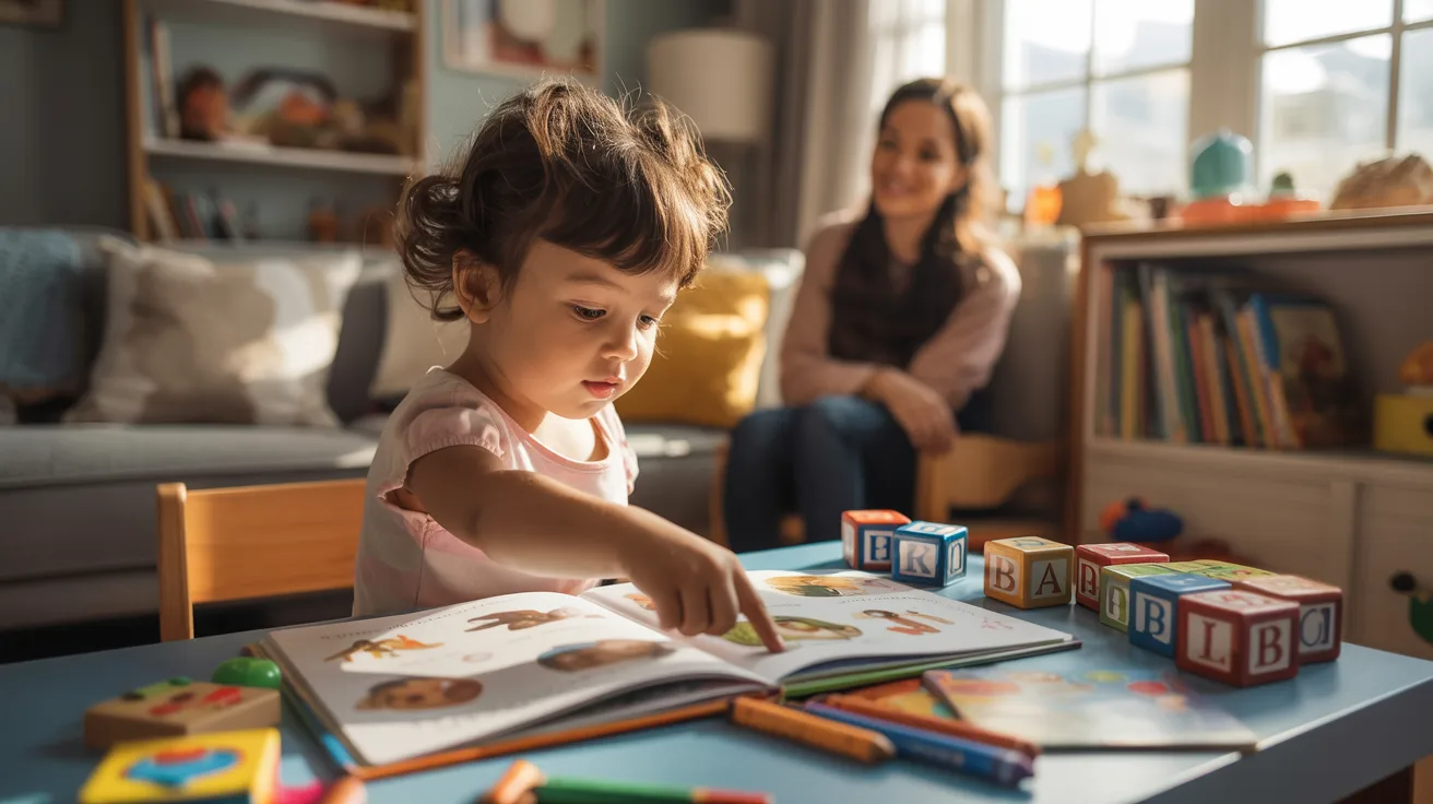 Young child exploring picture books with parent support in warm home learning environment for early reading development.