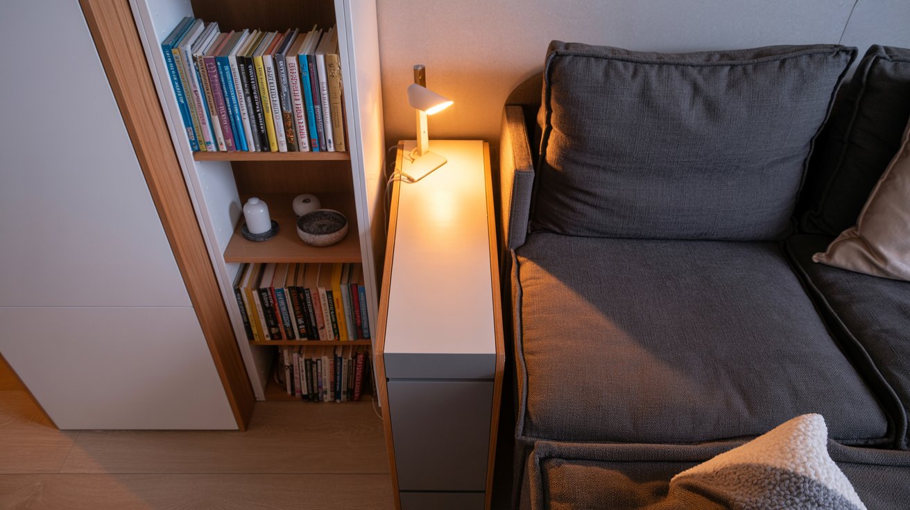 Small living room corner with slim vertical bookshelf, compact storage, cozy and modern design