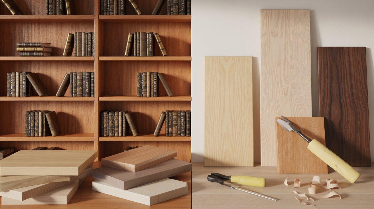 Comparison of hardwood and softwood shelves showing strength grain texture DIY work and cost differences