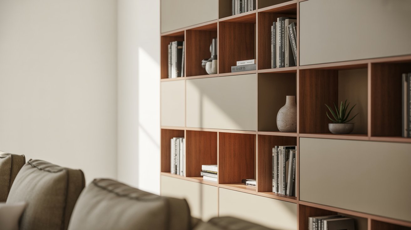 Small living room bookshelf with hidden storage, clean look, organized and clutter free design