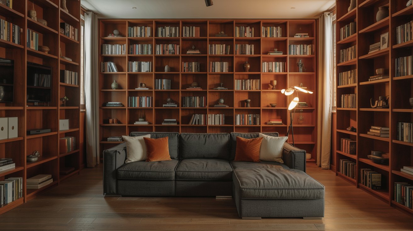 Small living room with tall floor-to-ceiling bookshelves, cozy seating, bright airy modern interior design