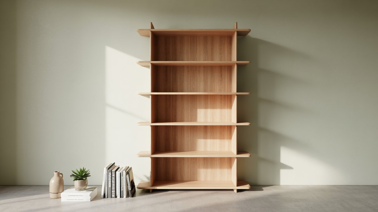 Empty bookshelf with items placed nearby creating clean fresh start for styling process.