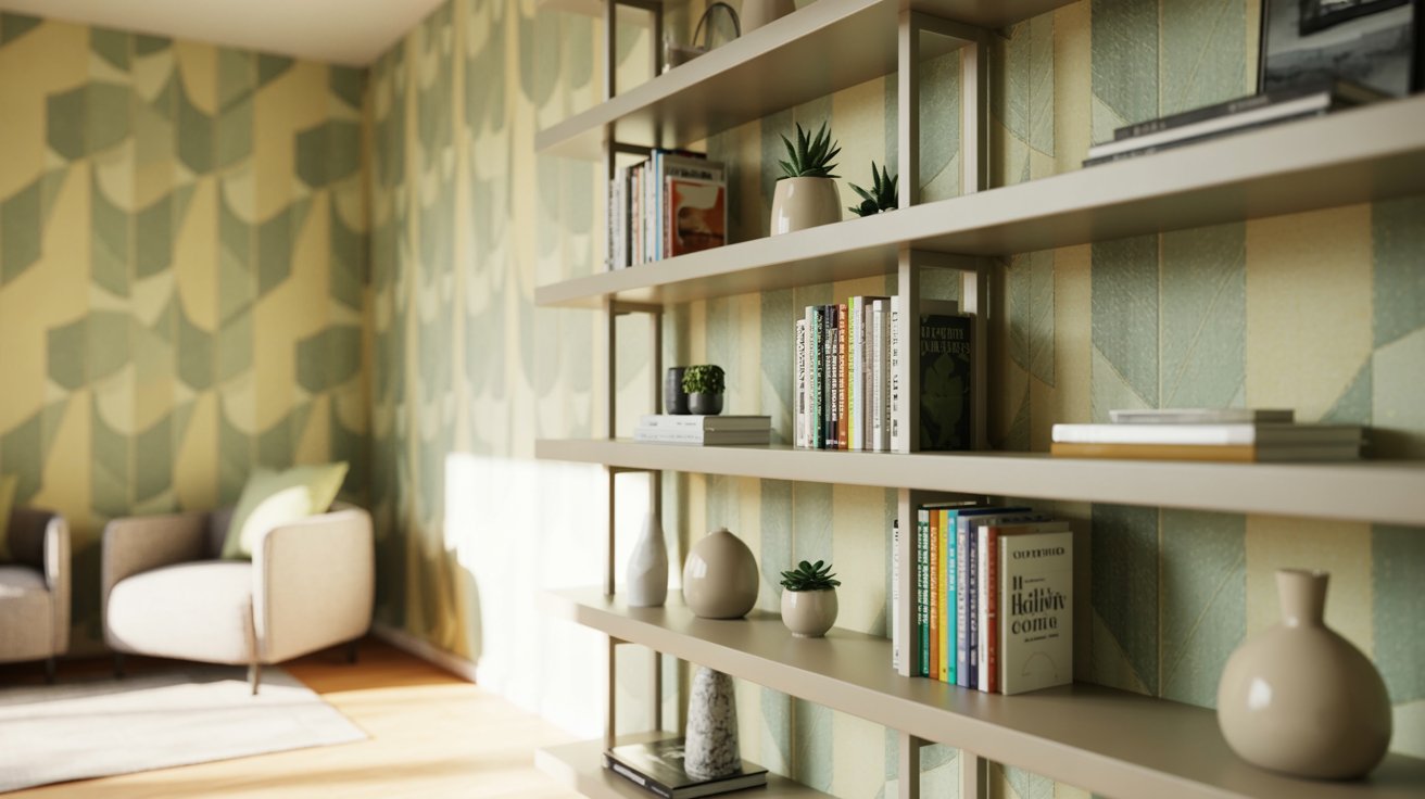 Small living room bookshelf with wallpaper backing, textured design, stylish modern interior decor