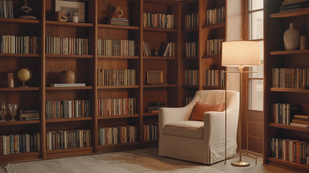 "Thoughtfully organized home library with curated bookshelves, cozy reading nook, and warm modern interior lighting."