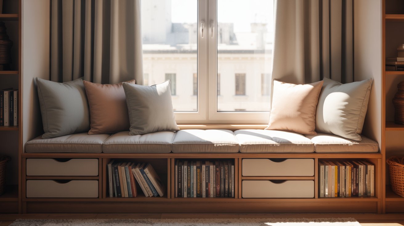 "Window-side reading bench with built-in storage drawers and cozy cushions, filled with books and natural light."
