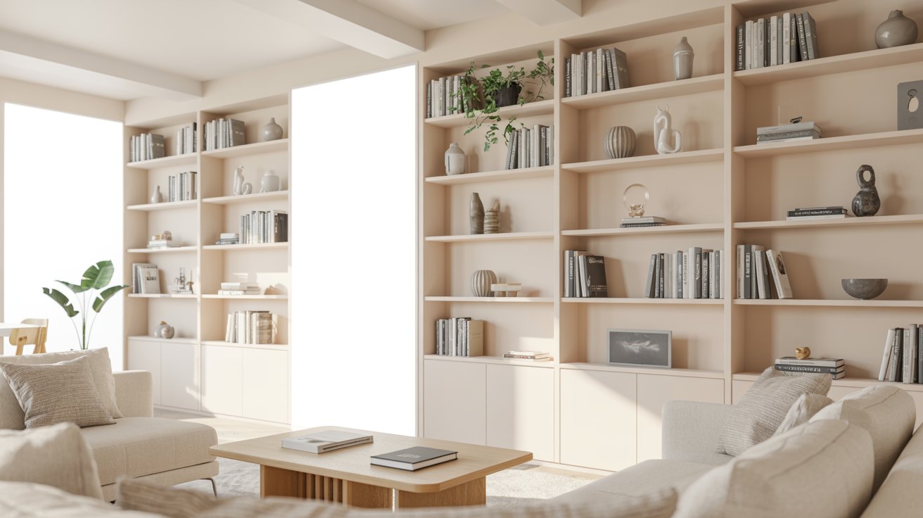 "Modern minimalist white floor-to-ceiling built-in bookshelves in a bright neutral living room with clean elegant styling."