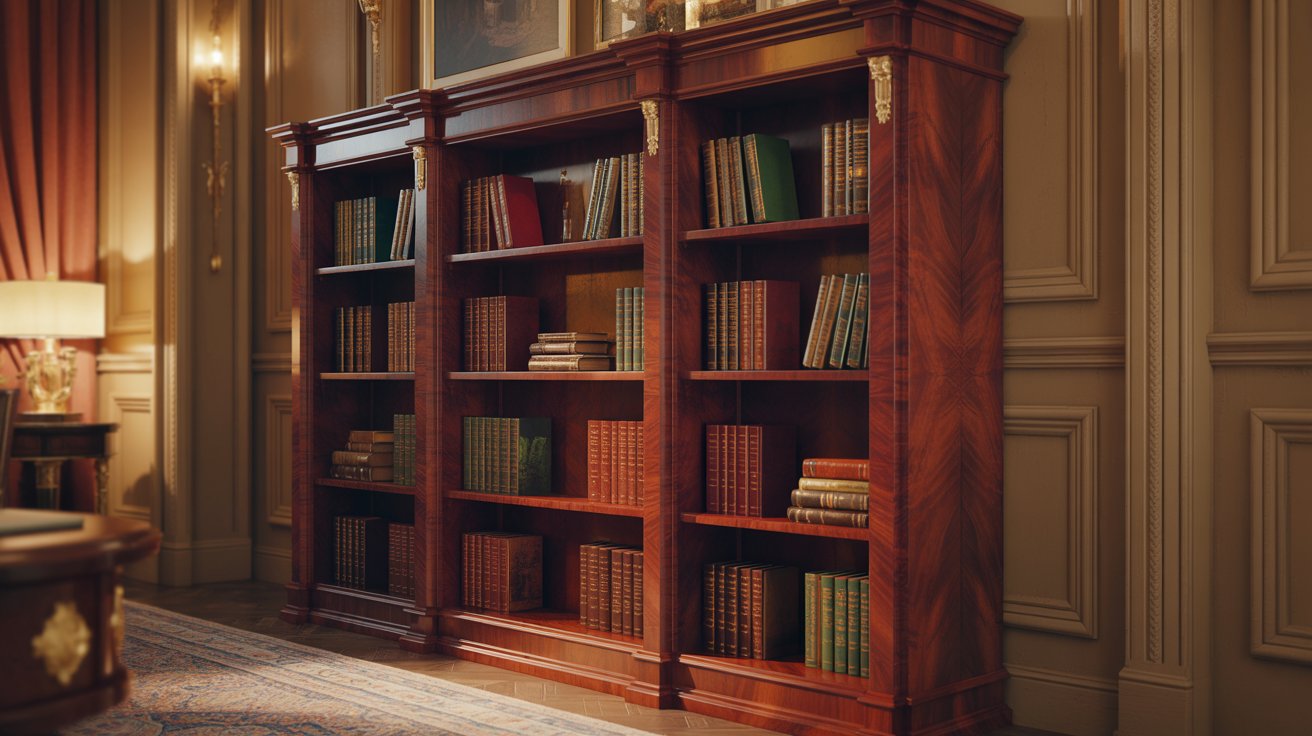 Mahogany bookshelf with rich reddish tone in elegant formal room with premium design