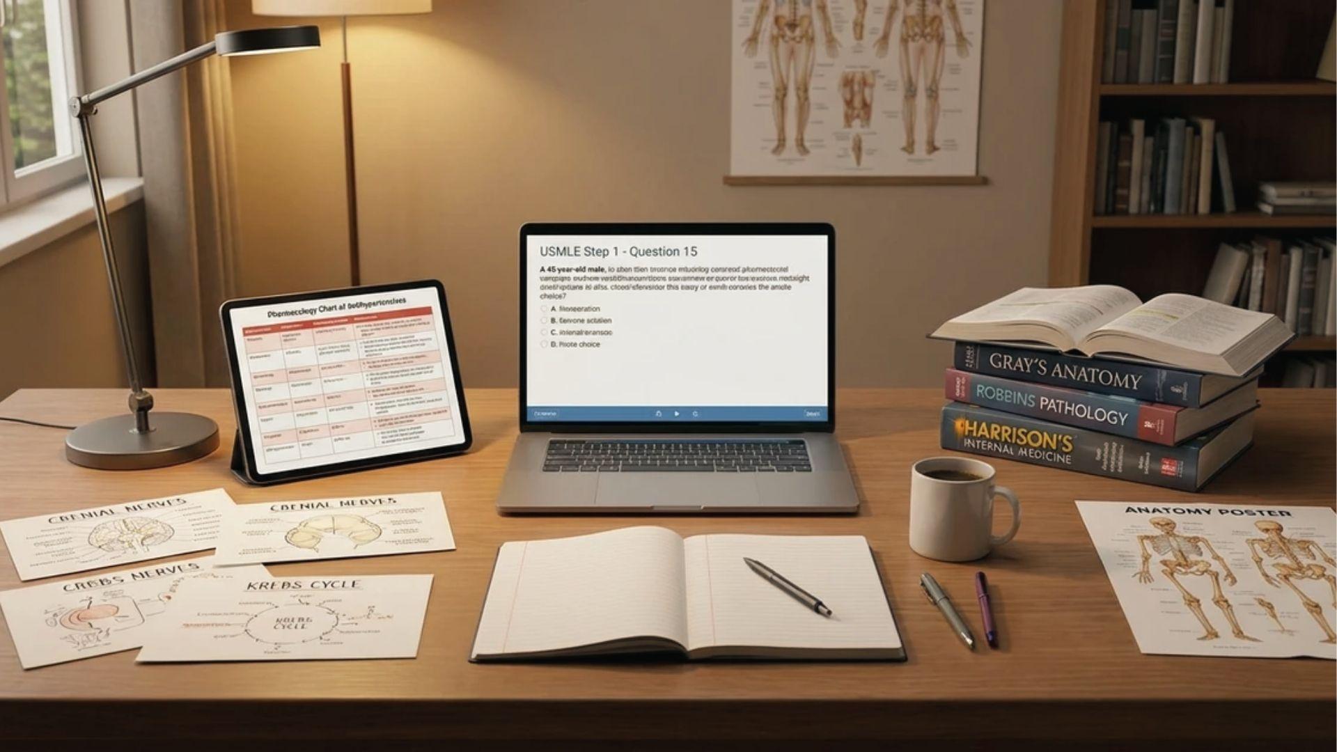 Study desk with books, laptop, and notes, showing organized space boosts homework focus.
