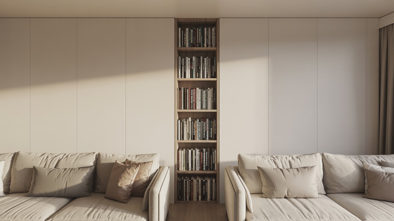 "Slim vertical bookshelf placed between sofa and wall, efficiently storing books in a tight small home space."