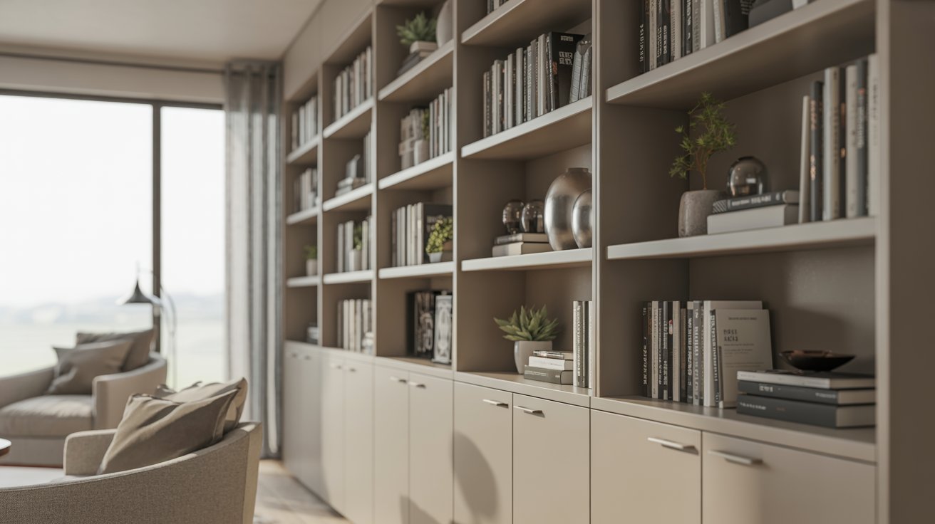 Small living room with bookshelf and cabinets, organized storage, clean and modern interior design